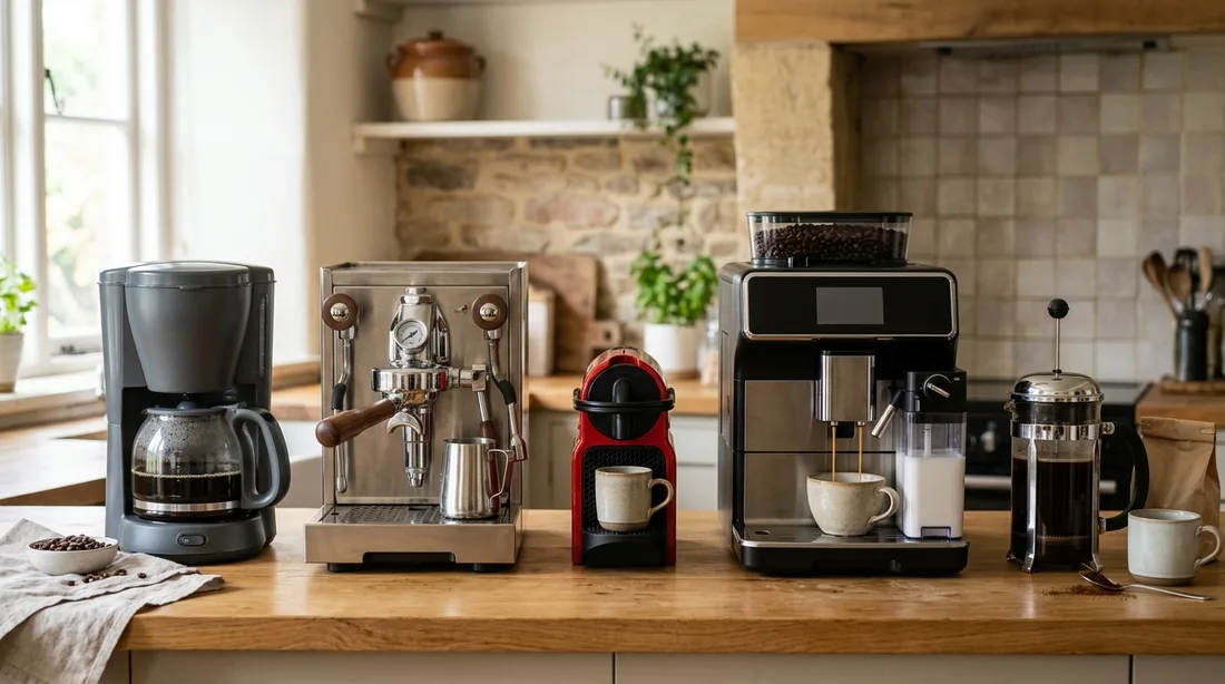 Filterkaffeemaschine, Siebträgermaschine, Kapselmaschine, Kaffeevollautomat und French Press nebeneinander auf einer Küchenarbeitsplatte