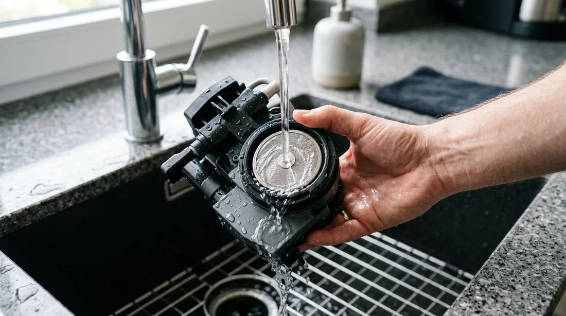 Entnommene Brühgruppe einer Kaffeemaschine wird unter fließendem Wasser abgespült