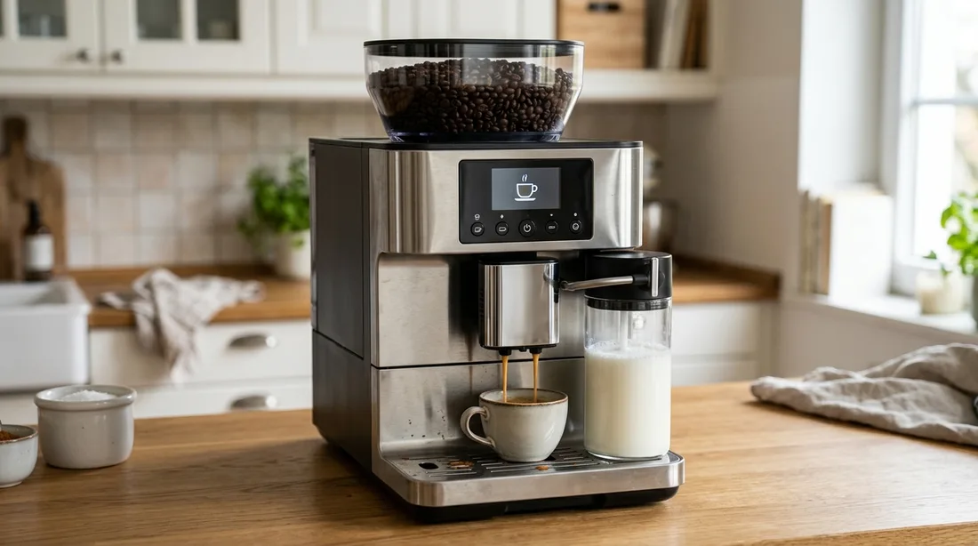 Kaffeevollautomat mit Bohnenbehälter und Milchbehälter auf einer Küchenzeile
